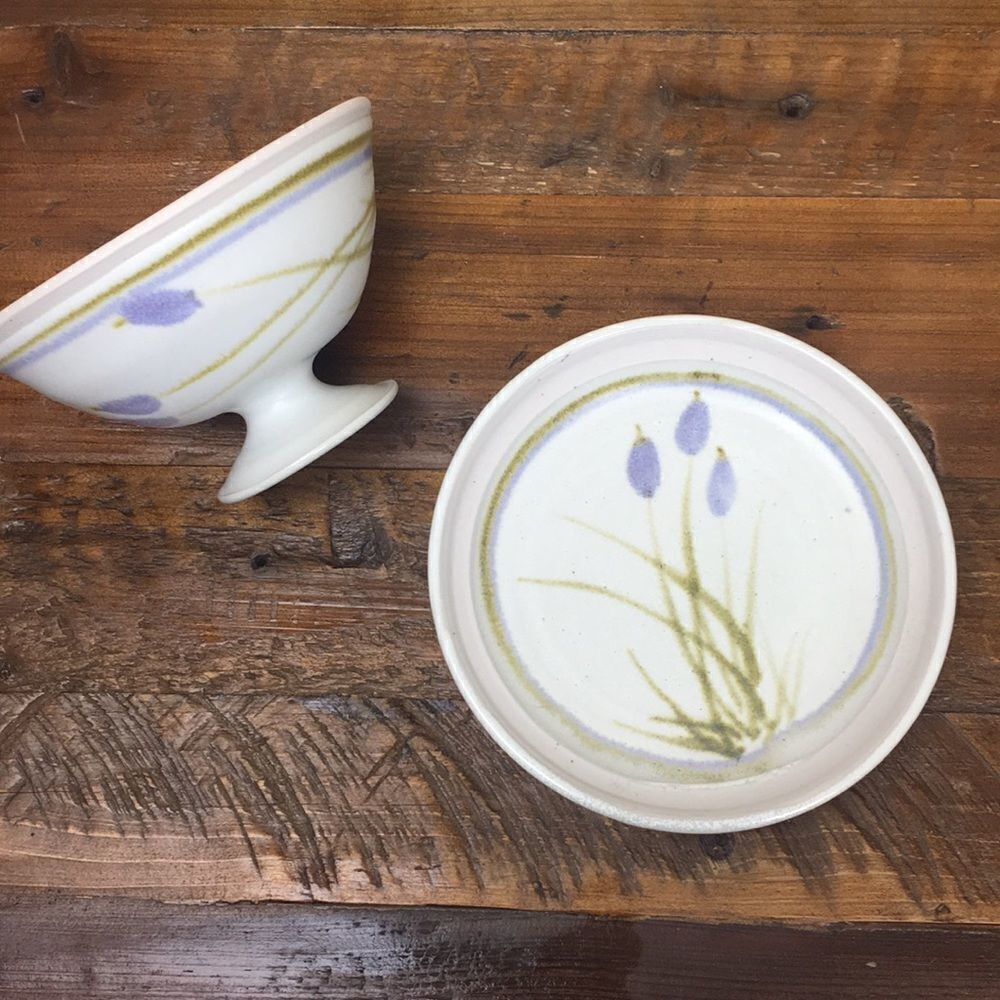 Vintage Studio Pottery Pedestal Bowl Floral Tulip Signed Ceramic Compote Dish